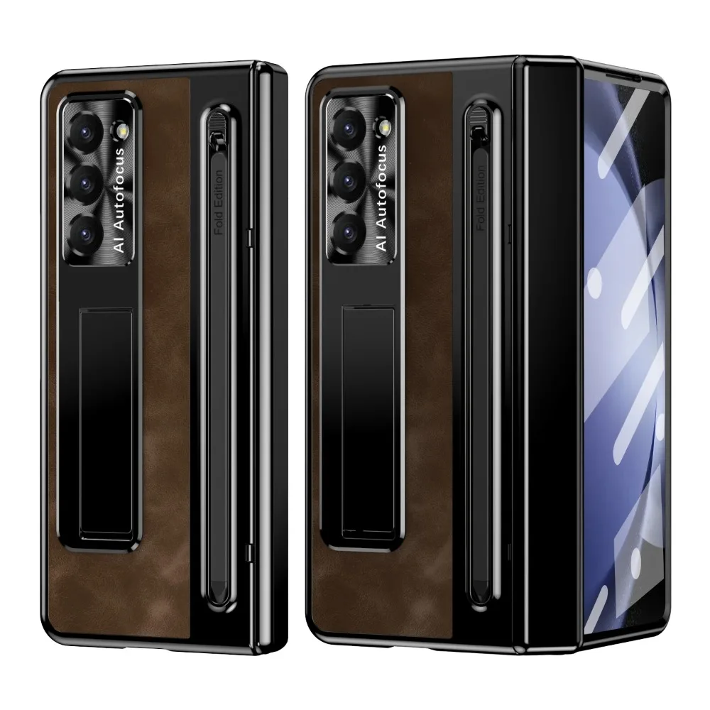 

Luxury Busine Leather Hinge Bracket Pen Slot with Stylus Phone Case For Samsung Galaxy Z Fold 7 6 5 4 Glass Screen Protect Cover