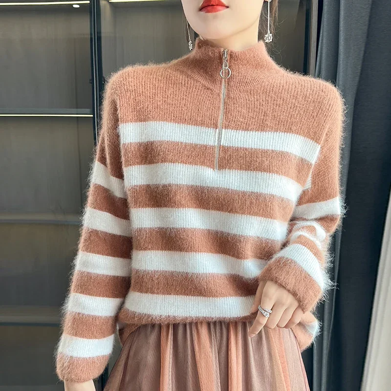 Cashmere Sweater for Women Zip-up Stand-up Collar Pullover Hot Selling Classic Striped Knit top Wear Warm in Autumn and Winter