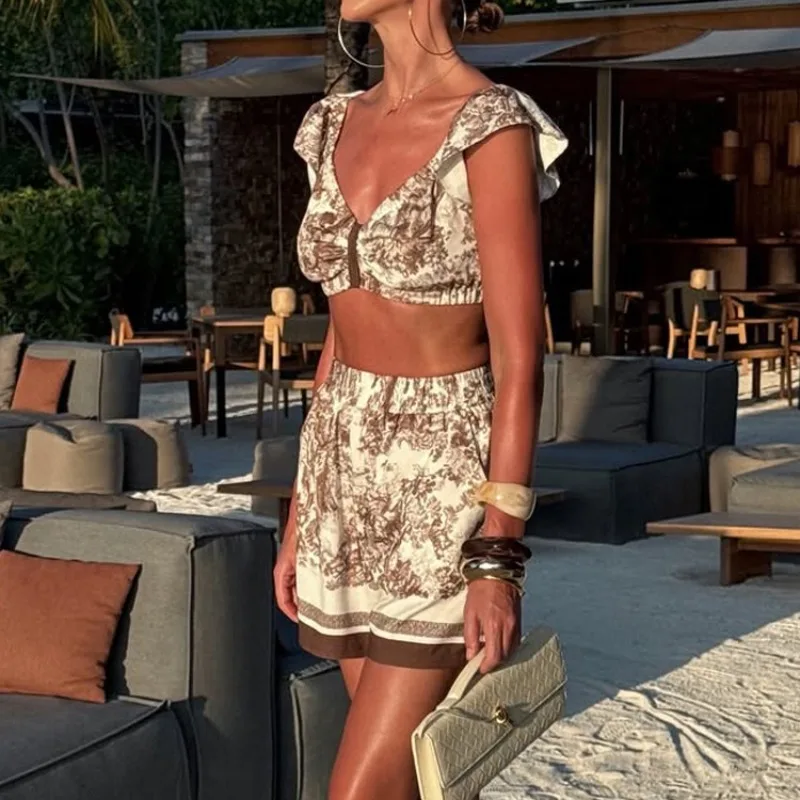 Sommer-Outfit für Damen, 2-teilig, Vintage-Print, Rüschen-Crop-Top, High-Waist-Shorts-Set, ärmelloser Zweiteiler, Urlaubs-Streetwear – Detail 17