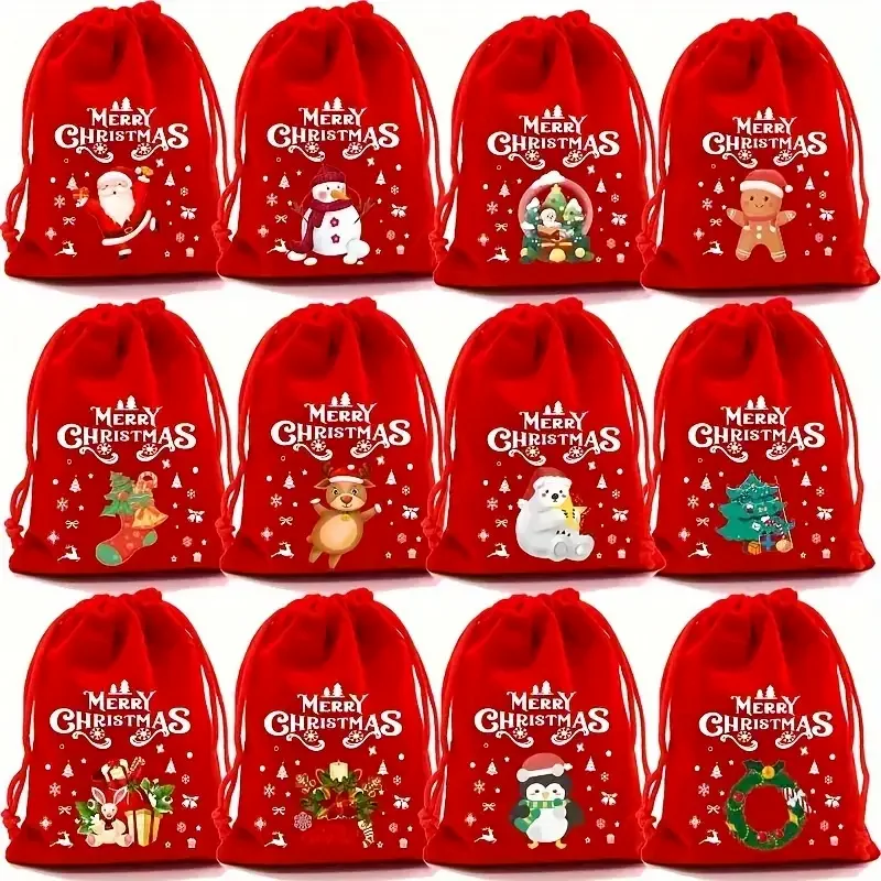 

12 Pcs Luxury Velvet Drawstring Gift Bags Cartoon Patterned Canvas Pouches with Soft Touch Reusable Durable Design Party Favors