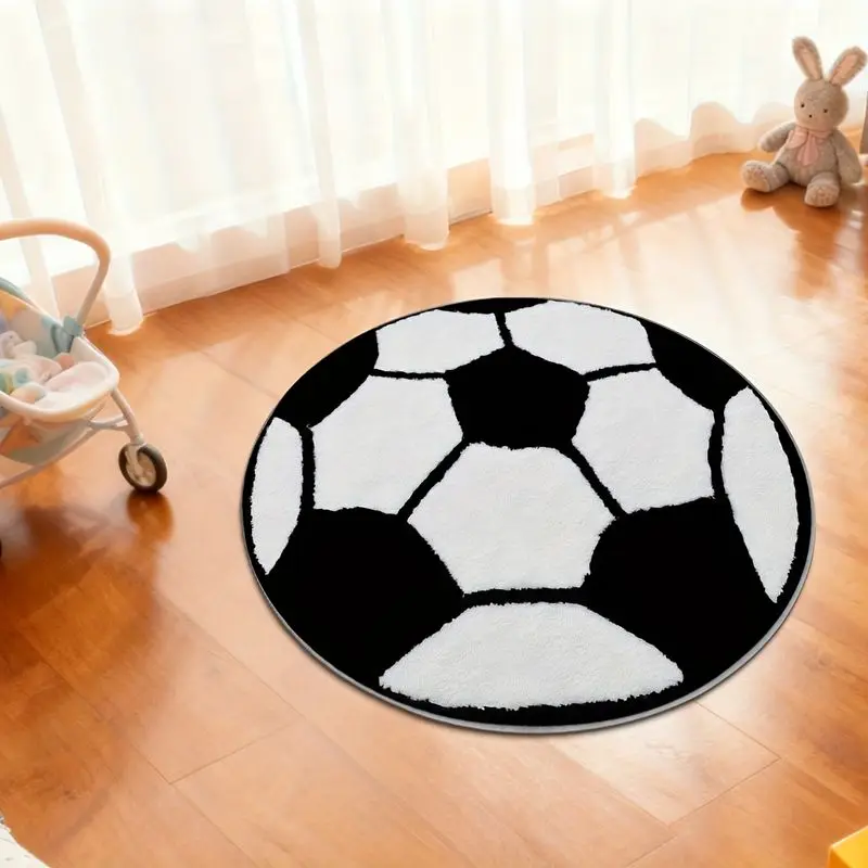 VIKAMA Round Soccer-Themed Rug: Soft, Noise-Reducing Bedroom Rug; Non-Slip Living Room Rug; Home Decor
