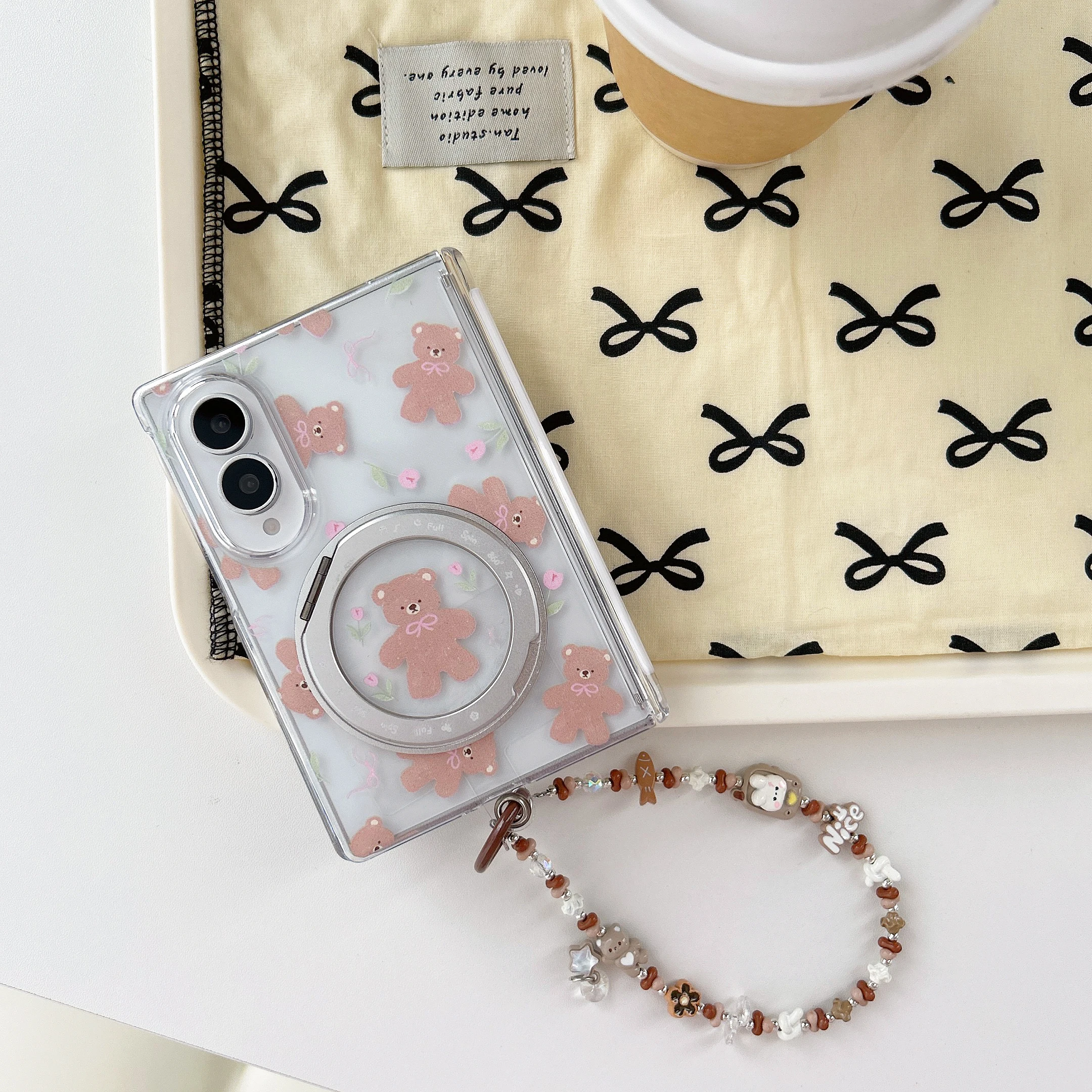 For Samsung Galaxy Z Fold 8 Kawaii Pink Ribbon Little Bear Flower Print Fold Cover With Magnetic Rotate Bracket Bead Lanyard