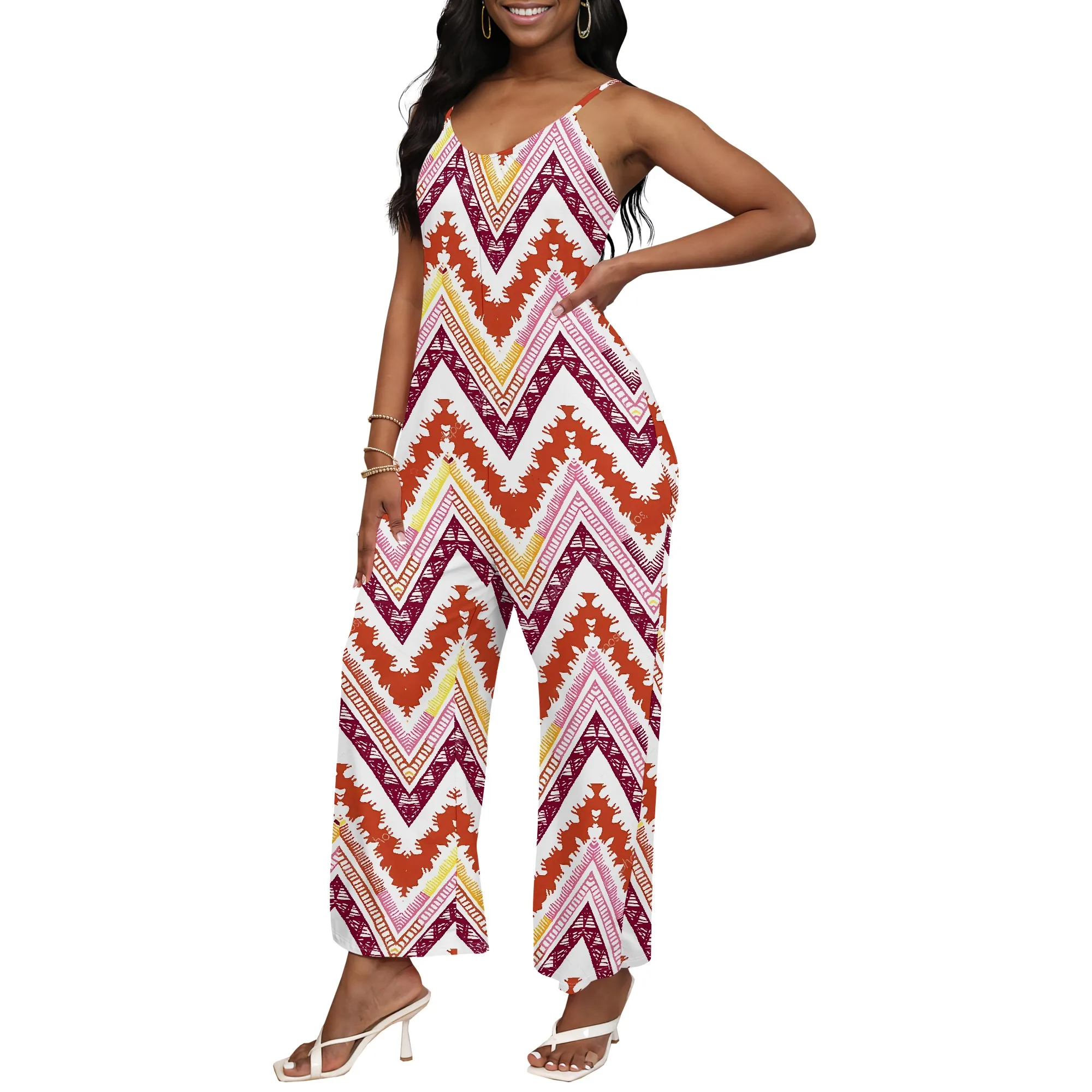 EQQZD Waveform Pattern Print Jumpsuit with Pockets, Sleeveless V-Neck Spaghetti Camisole Top Wide Leg Pants Jumpsuit