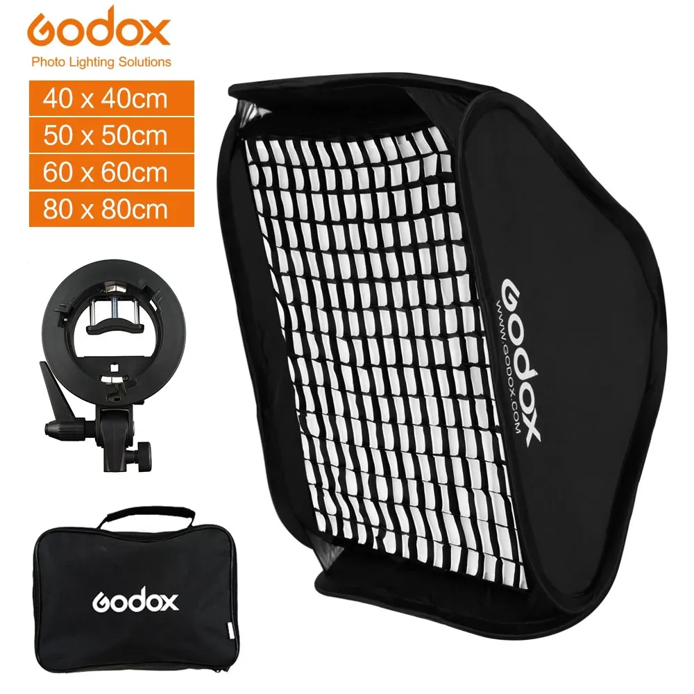 Godox 40x40 50x50 60x60 80x80cm Softbox with S1 S-Type Bracket Honeycomb Grid Bowens Mount Flash Bracket Mount Foldable Softbox