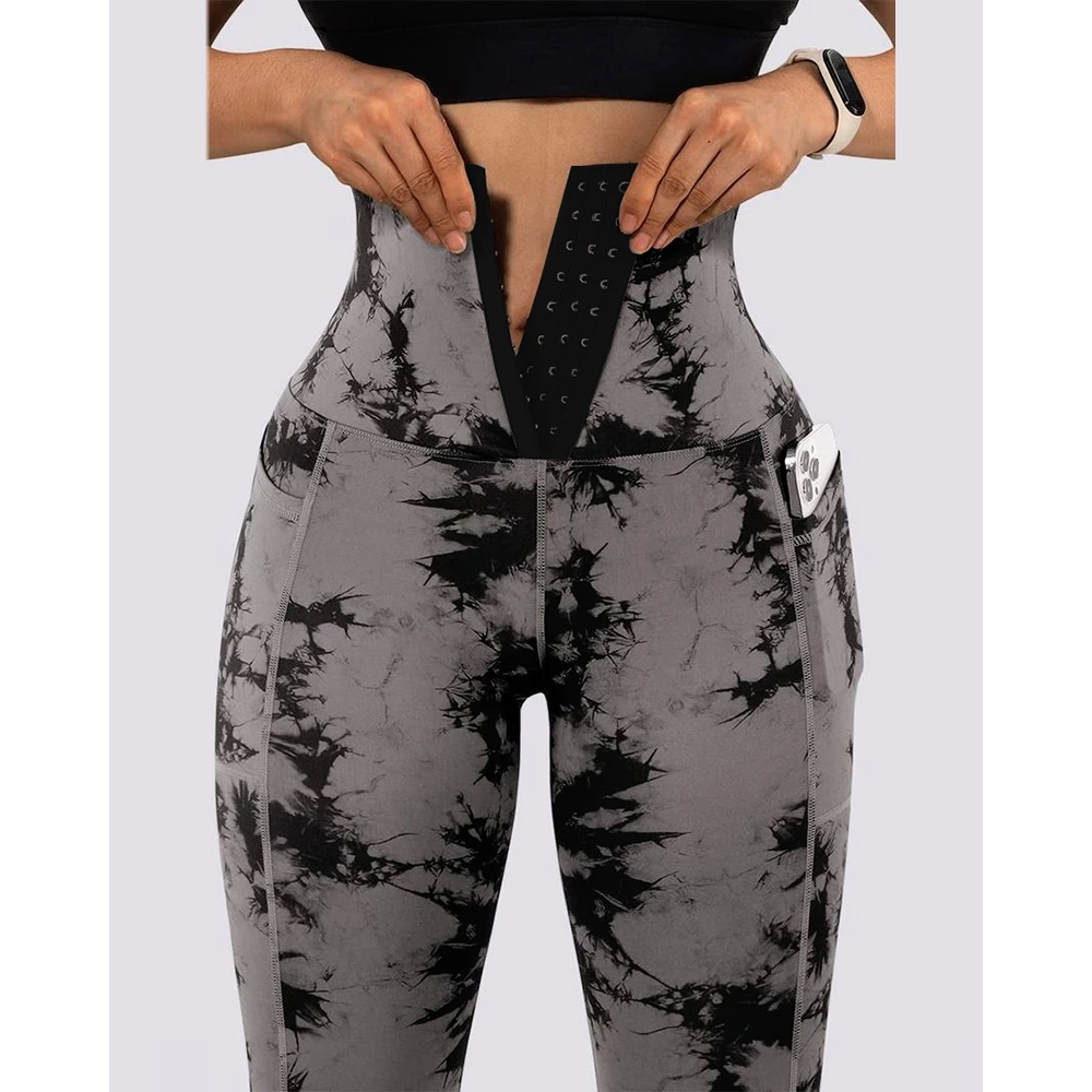 

Spring Autumn Women Tie Dye Print Tummy Control Butt Lifting Pocket Design Legging Sexy Push Up Slim Yoga Pants Chic Trousers