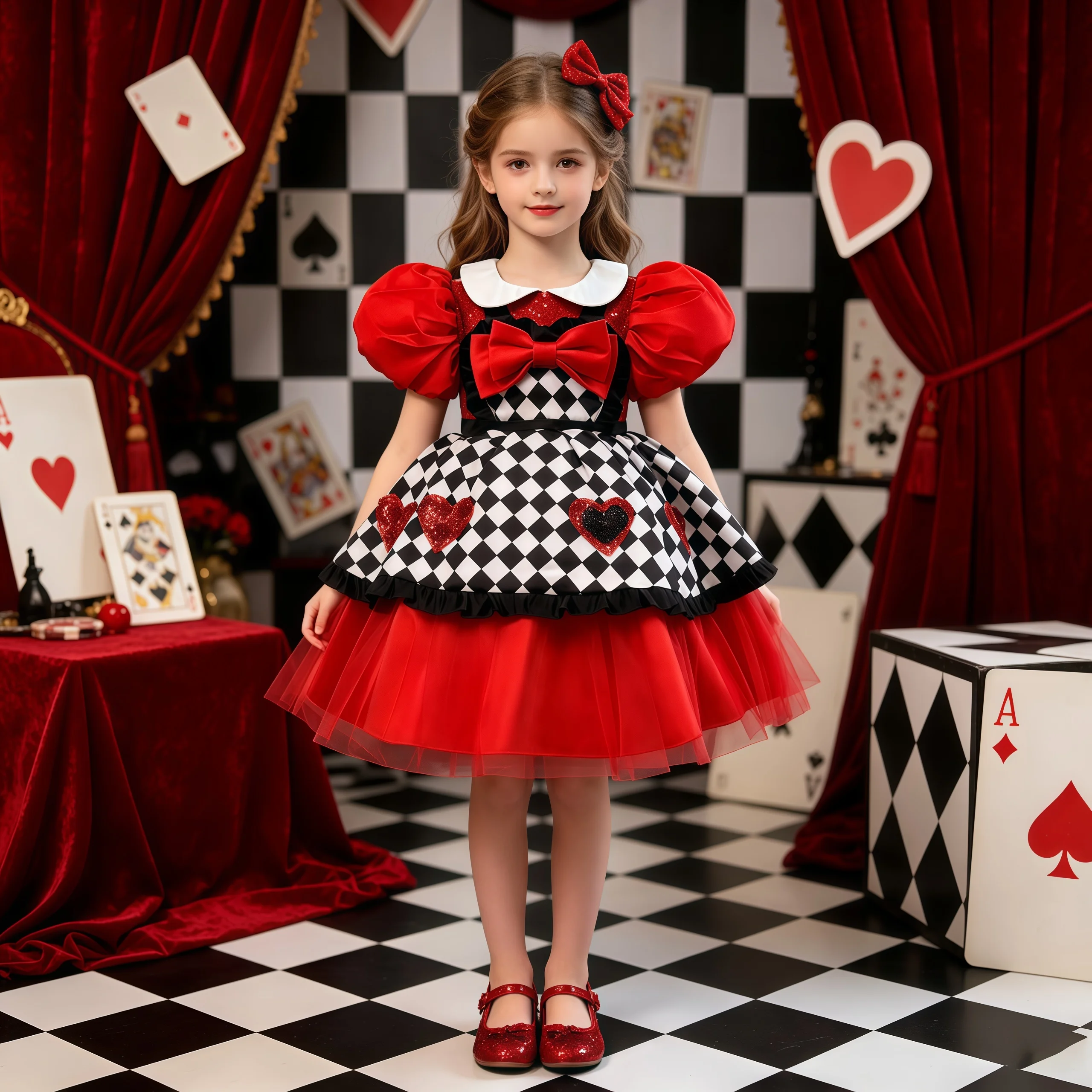 Elegant Queen of Hearts Poker Costume for Girls Wedding Bridesmaids Birthday Party Plaid Dress Girl Christmas Halloween Costumes