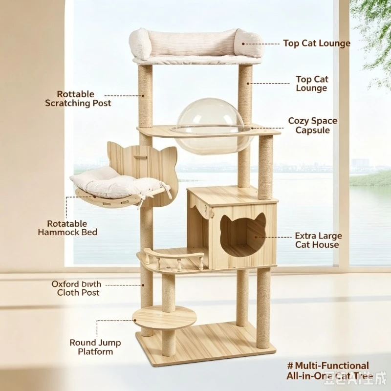 Large Wooden Cat Climbing Frame Integrated Scratching Post Capsule Design Space Saver Cat House Furniture for Kitten