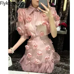 Conjuntos Feminino Elegante Light Mature femminile tridimensionale fiore manica a bolle camicia rosa gonna a vita alta Set di due pezzi