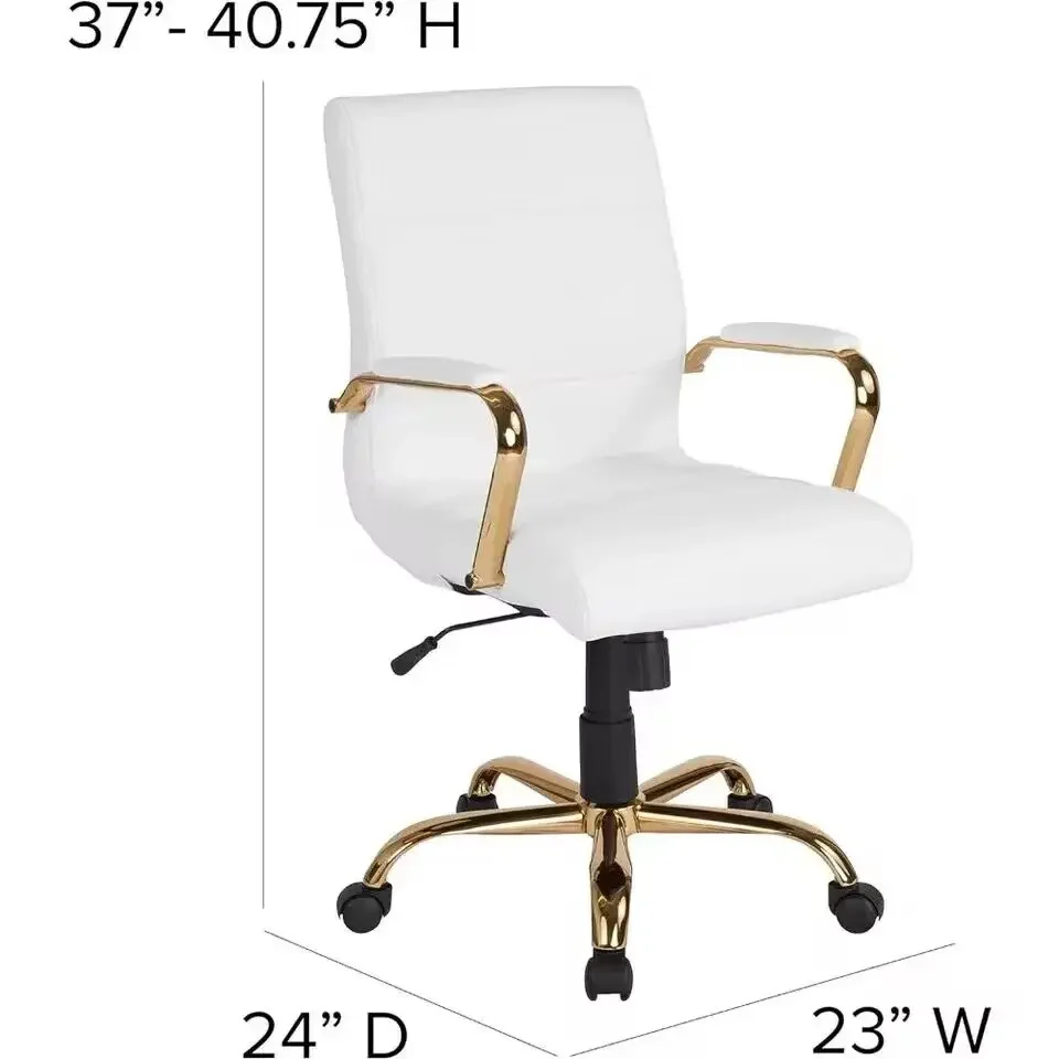 Computer Office Chair Cover Mid-Back Desk Chair - White LeatherSoft Swivel Office Chair With Gold Frame Furniture