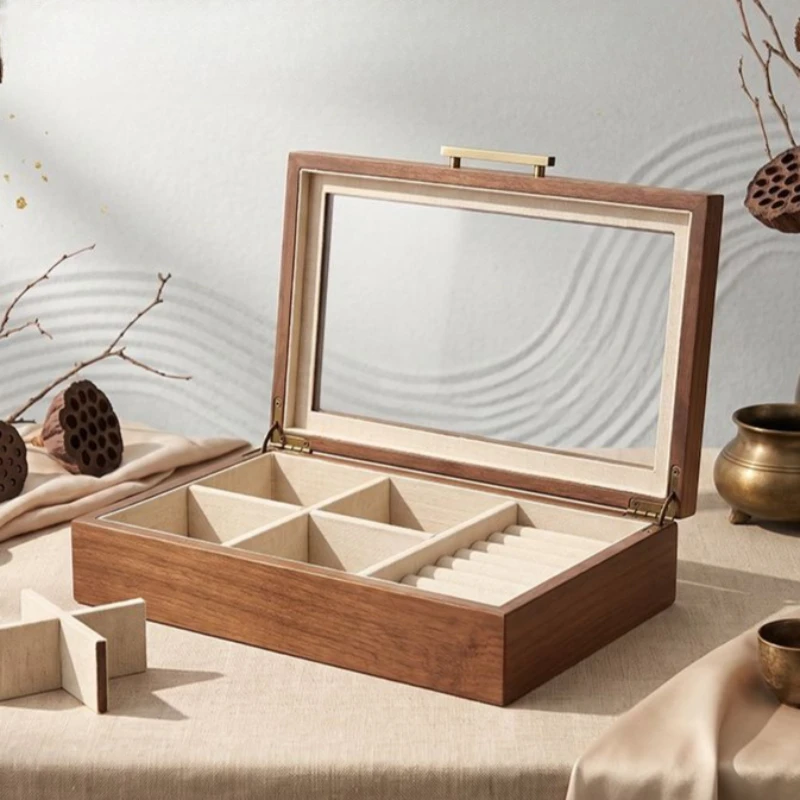 Solid Wood Jewelry Storage Box Large Capacity Ring Organizer Boxes Desktop Earrings Collection Case Retro Necklace Display Cases