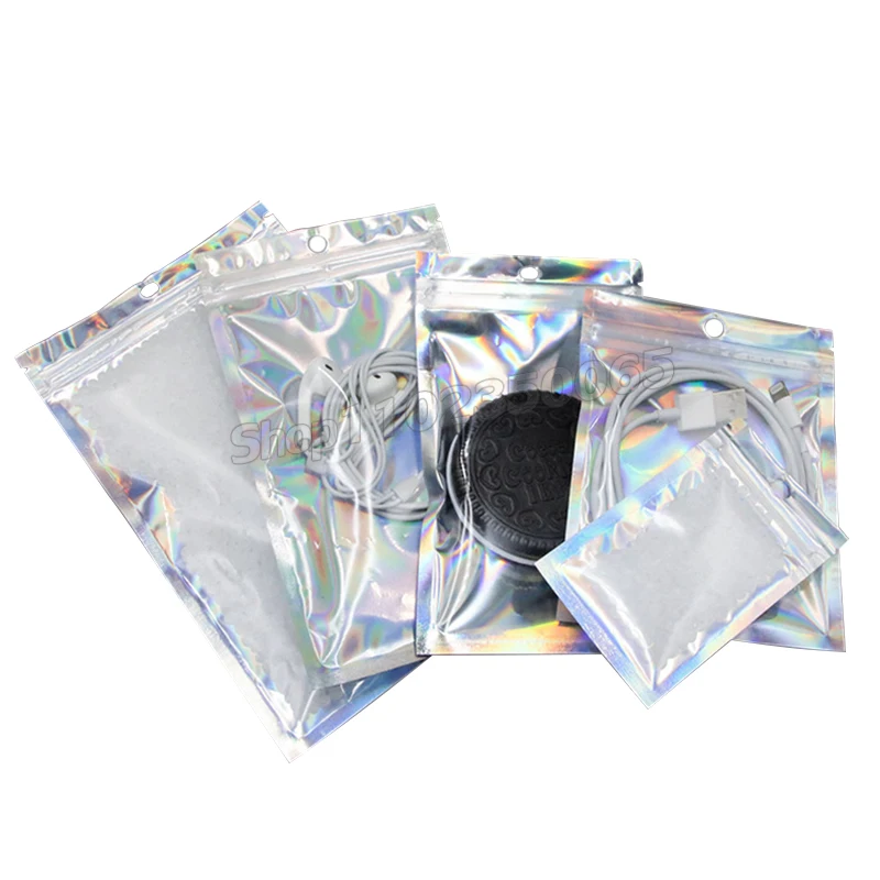 100PCS OPP PET Laser Seal Bag Can Be Printed Logo Colorful Transparent Plastic  Internet Celebrity Holographic Clear Zipper Bag