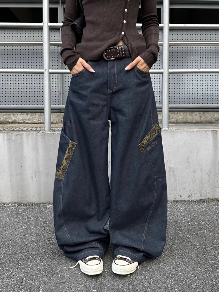 

Women Streetwear Wide Leg Jeans Harajuku Camouflage Leopard Patchwork Denim Pants American Vintage Hottie Y2K Machete Trousers