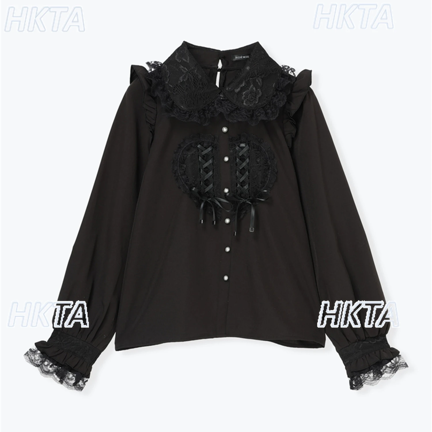

Japanese Mass Produced Sweet Ballet Costume Lace Love Lapel Bow Long Sleeve Pleat Shirt Commuter Black Blusas Top Women Camisas