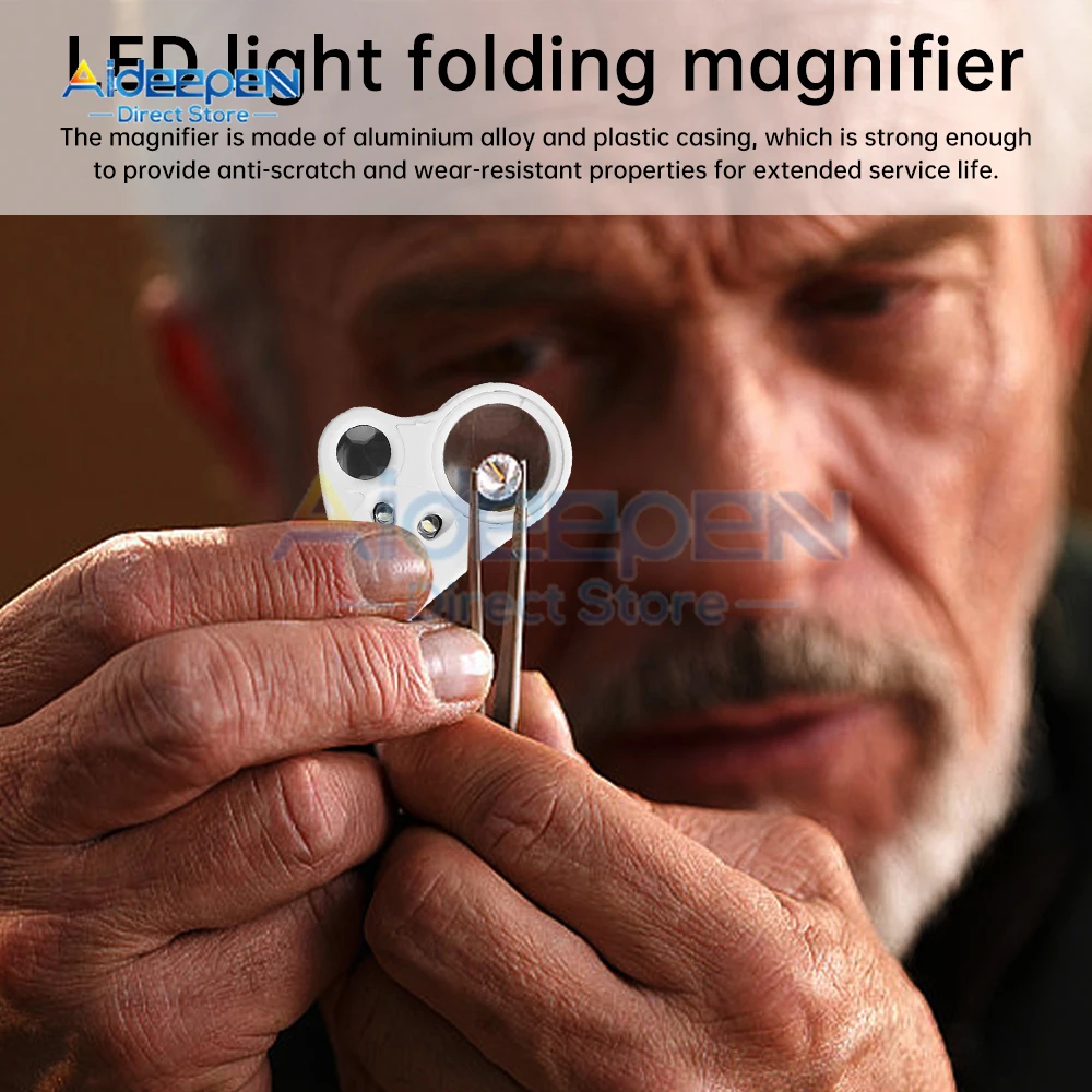 30/60X Magnifying Glass Jewelers Loupe Pocket Folding Magnifier With Light For Watch Coins Stamps Gems Jewelry Diamond