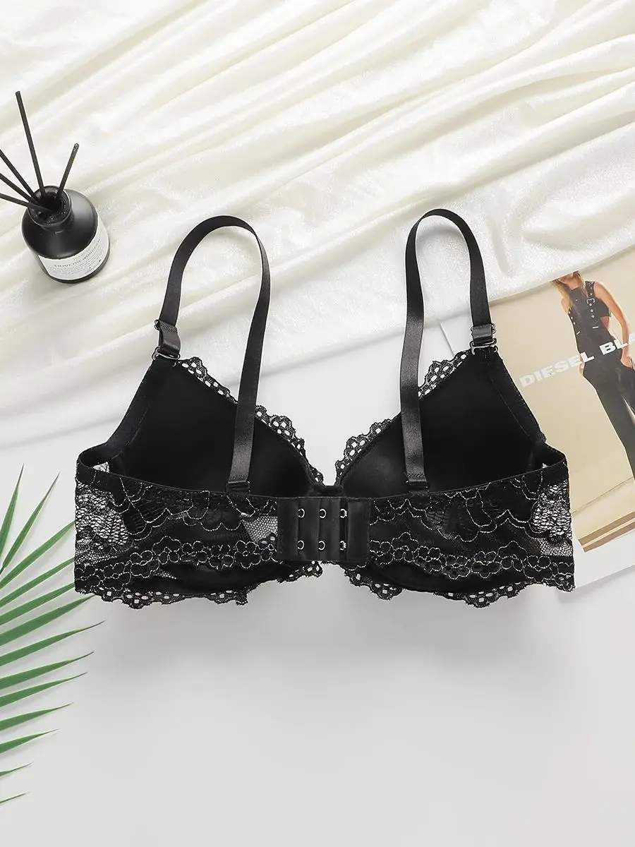 Women\'s Black Sexy Flower Embroidered Pattern Bra With Steel Ring Gathering Push Up Bra For Daily Casual Wear B6063