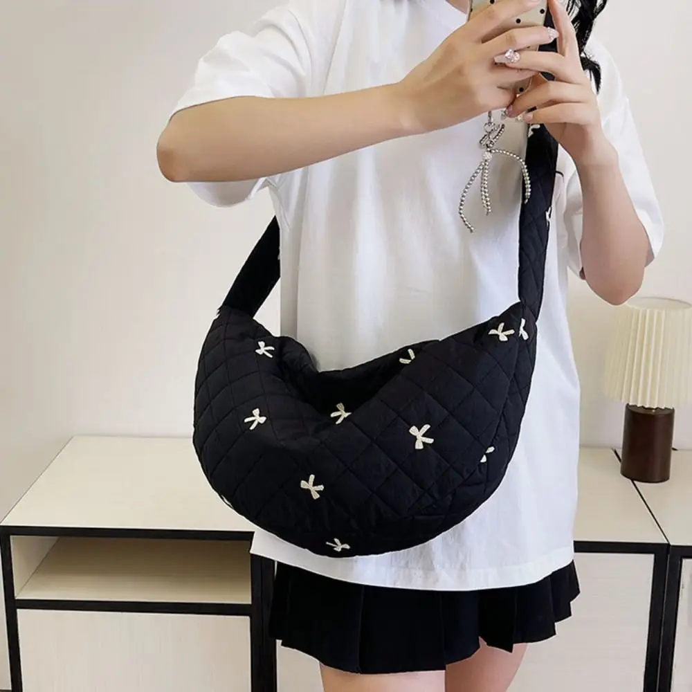 

Simple Solid Color Bow Crossbody Bag Handbag Large Capacity Nylon Shoulder Bag Half Moon Underarm Bag Lingge Dumpling Bag Ladies