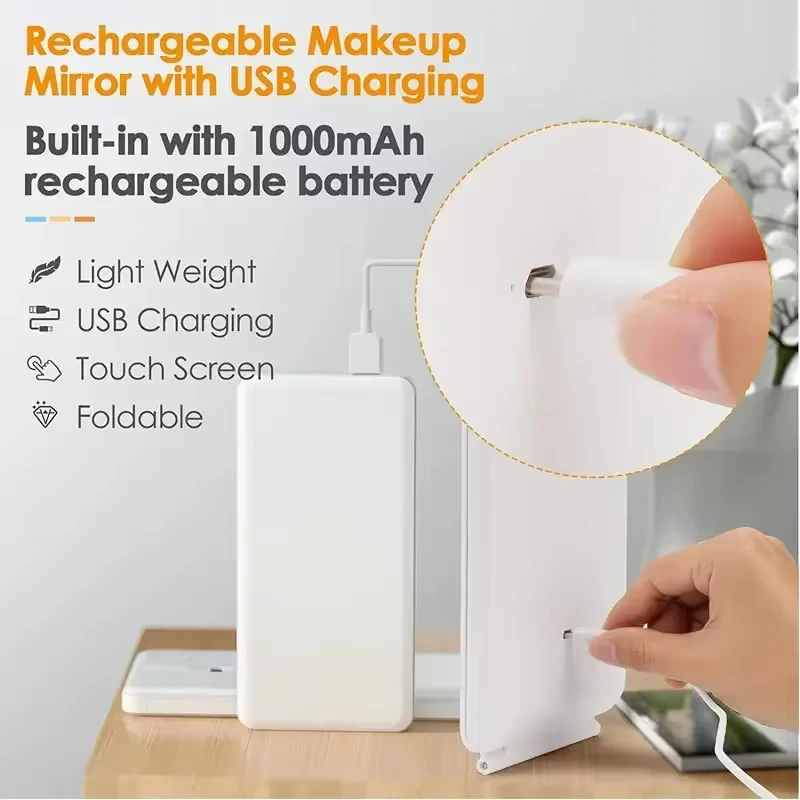 LED Foldable Travel Makeup Mirror 3 Colors Light Modes USB Rechargeable Touch Screen Portable Tabletop Cosmetic Lighted Mirror