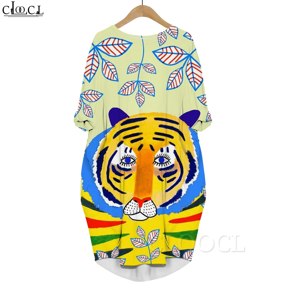 CLOOCL Abito stampato alla moda Divertente cartone animato Tigre Modello floreale Maniche lunghe Abito tascabile Abbigliamento femminile oversize Autunno 2022