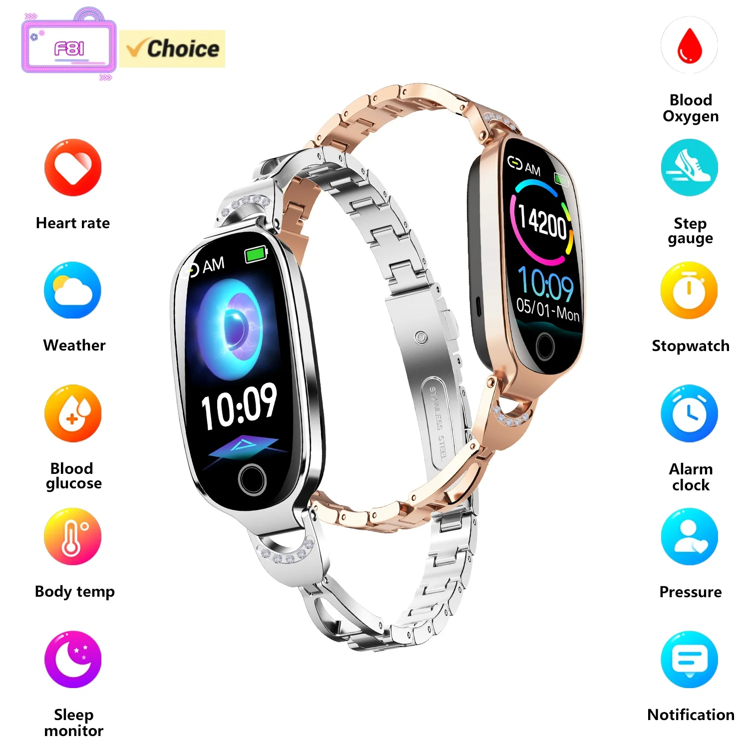 

F81 Fashion Smartwatch 1.1inches LCD Screen IP67 Waterproof Multi-functional Android Sports Watch Stylish Women Bracelet