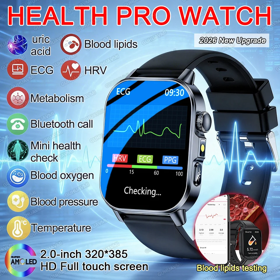 

2026 AI Diagnose ECG+PPG Health Micro Check Smart Watch Uric Acid Blood Lipid Blood Pressure HeartRate Tracker Smartwatch Unisex