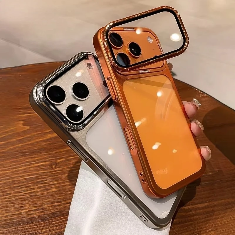 Clear Phone Case for IPhone 18 17 16 Pro Max Flip Lens Stand Holder Bracket Shockproof Plating Bumper Protection Cover