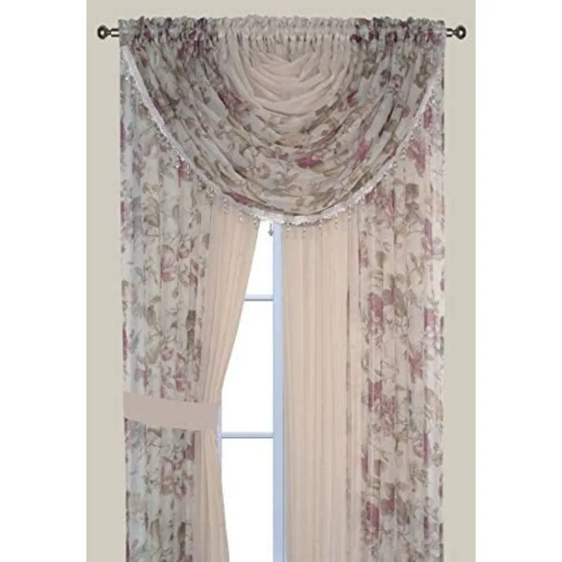 Sheer Curtains - Two Tone 4 Panels Set w/Valance & Tiebacks, 55