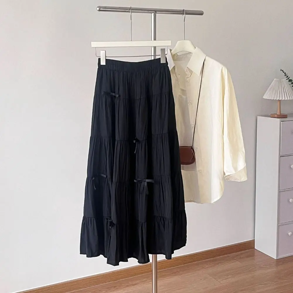 

Vintage Bowknot Tiered Midi Skirt Pleated Solid Color Long Cake A-line Skirts Hight Waist Chic Seven Point Long Dress Girl