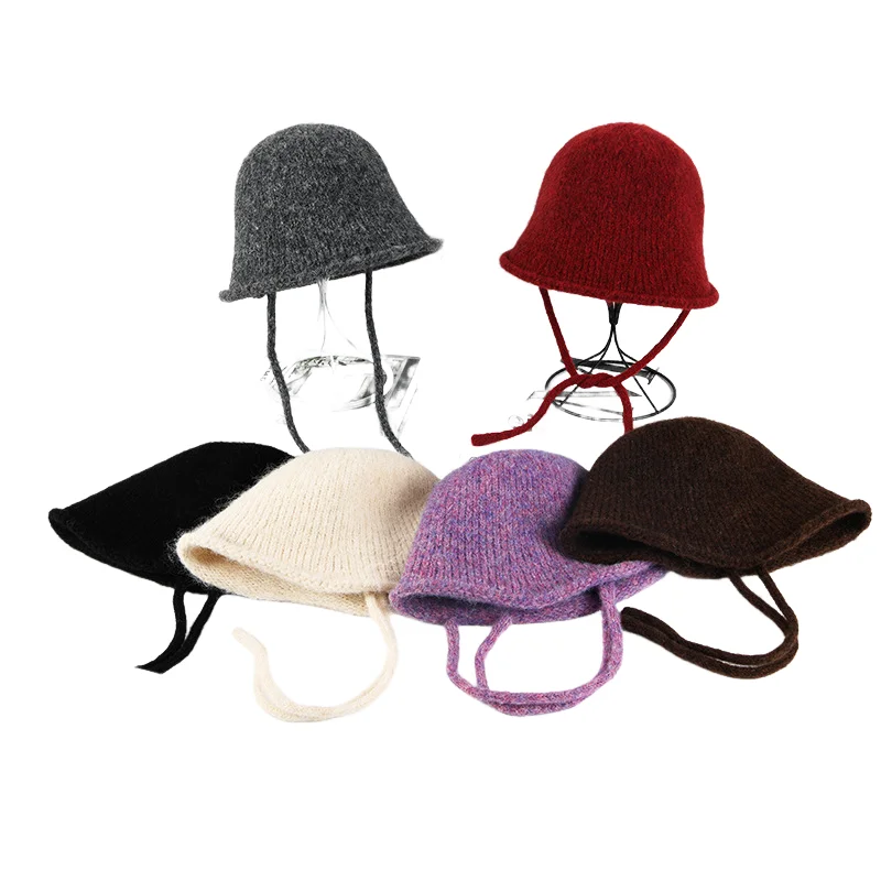 

Мягкая удобная милая панама для женщин, осень-зима с ремнями, рыбацкая шляпа с полями в стиле ретро, вязаные шапки для бассейна в корейском стиле