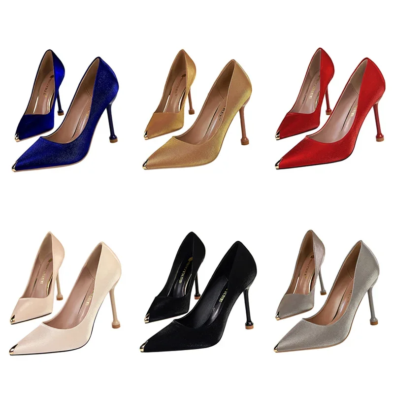 

Women 10.5cm High Heels Metal Cap Design Silk Satin Prom Pumps Lady Sexy Nightclub Catwalk Royal Blue Classic Escarpins Shoes