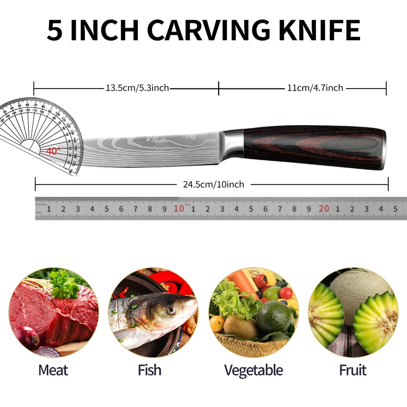 Utility Knife, 5 Inch Fruit Knife, Chef's Knife, With ergonomic colorful wooden handle for cooking meats, fruits and vegetables