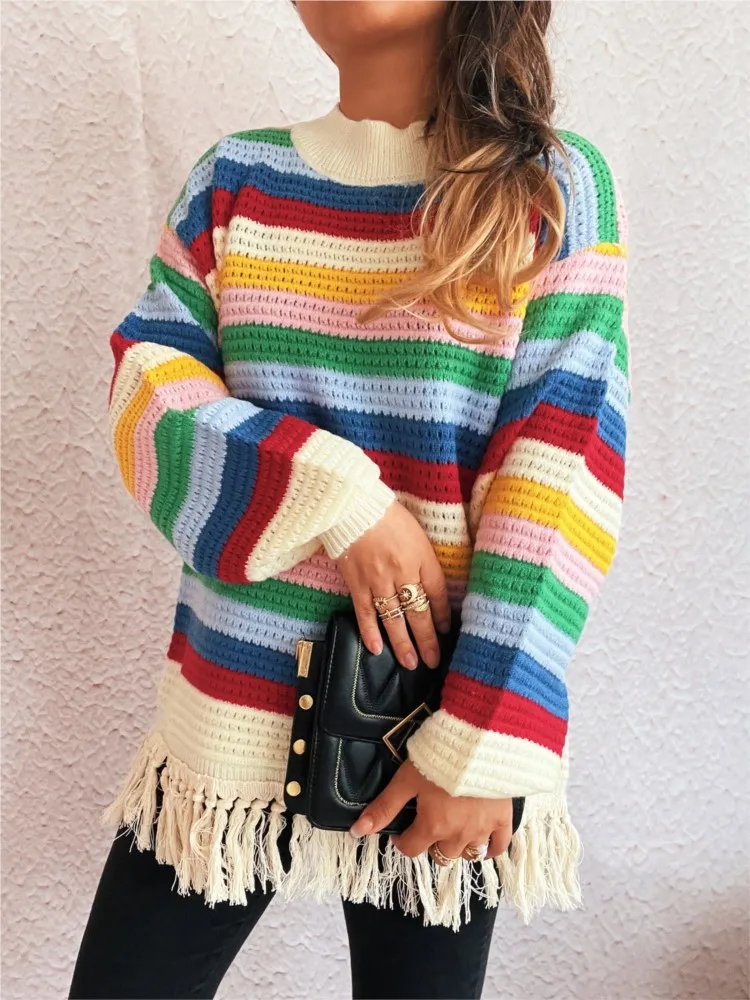 Colorful Striped Fashion Knitted Sweater Autumn Winter Retro Tassel Women's New Casual Round Neck Sweater Свитер Женский 2