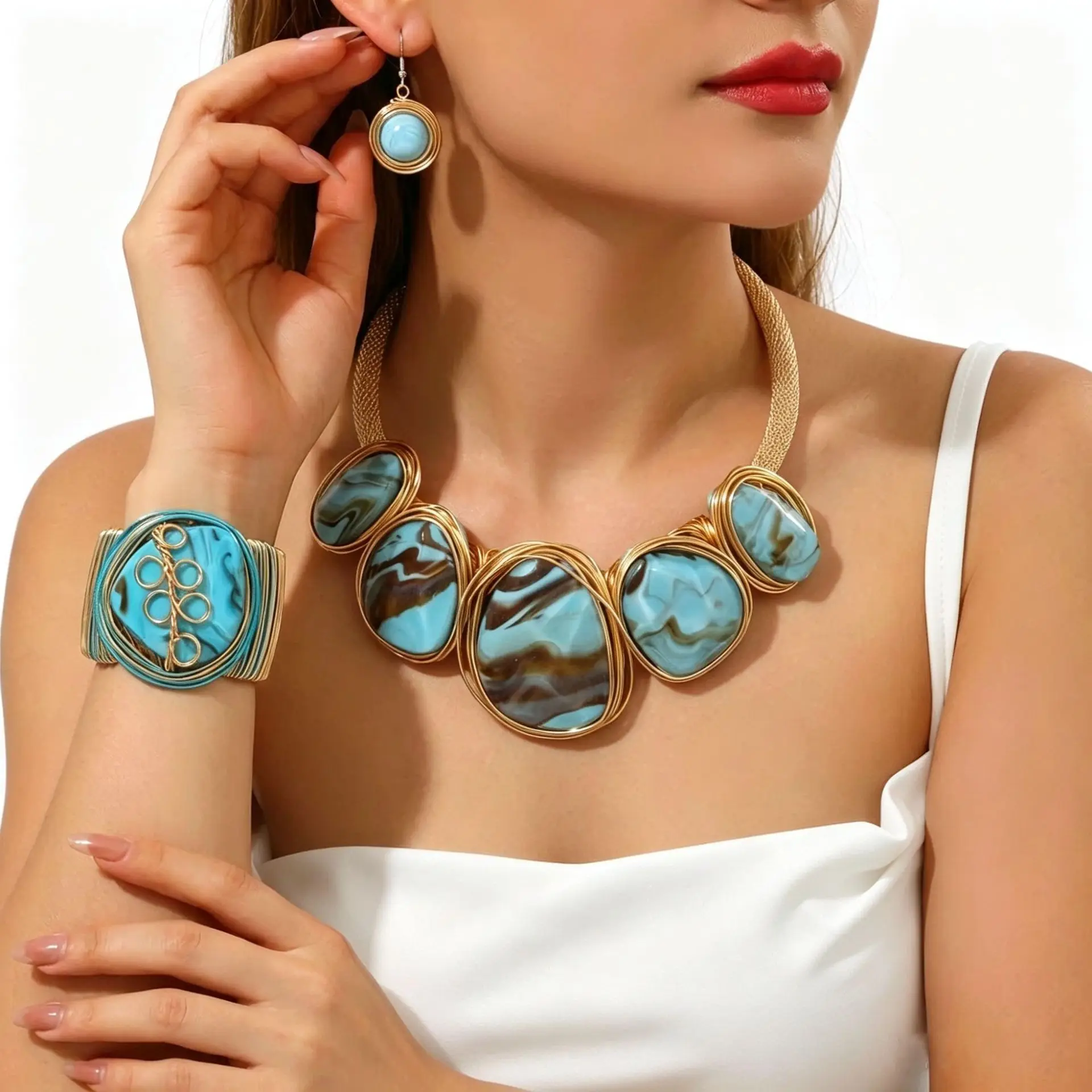 Vintage Women 3Pcs Jewelry Set Exaggerated Geometric Resin Block Necklace Bracelet Earrings Statement For Party Christmas Gifts