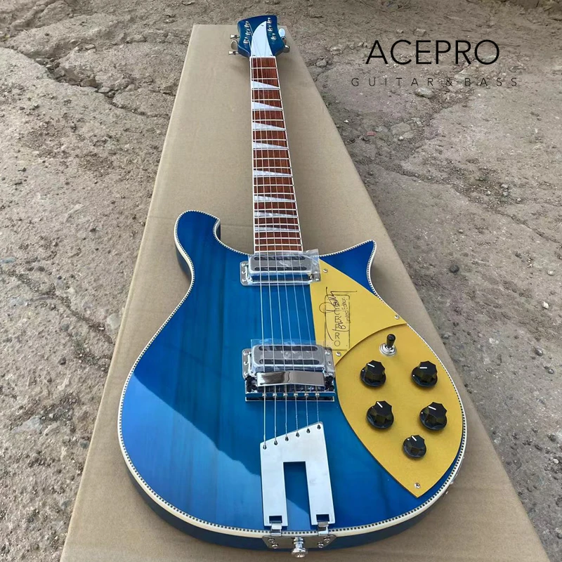 660 Electric Guitar Trapeze Tailpiece, Blue 6 String Guitarra, Gold Pickguard, Checkerboard Binding Guitarra