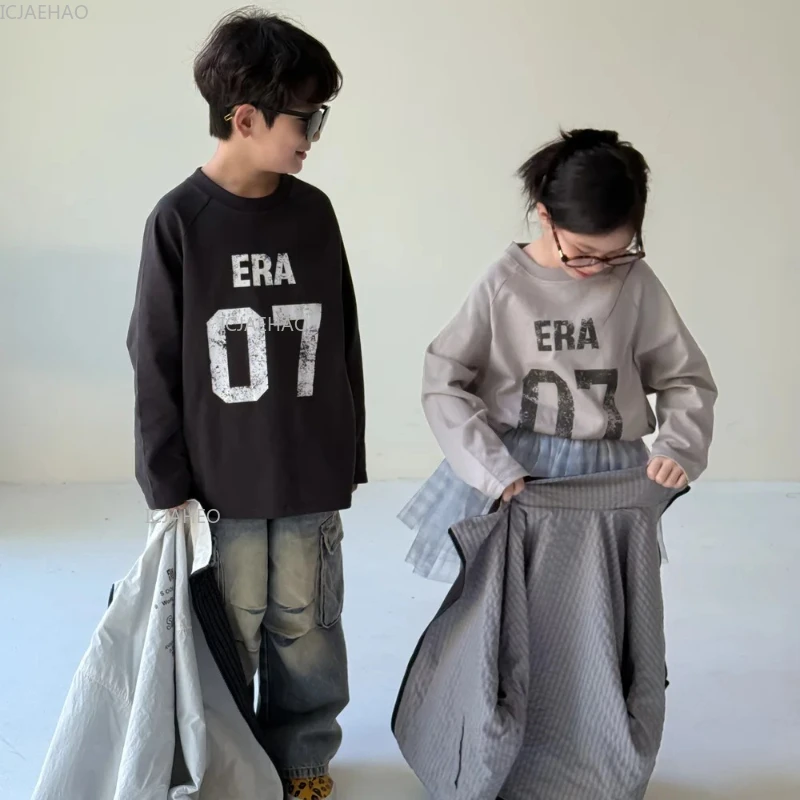 Kids Long Sleeve T-Shirt Boys Girls Casual Loose Fit Children Clothing Round Neck Top Korean Style Letter Print Autumn Costume