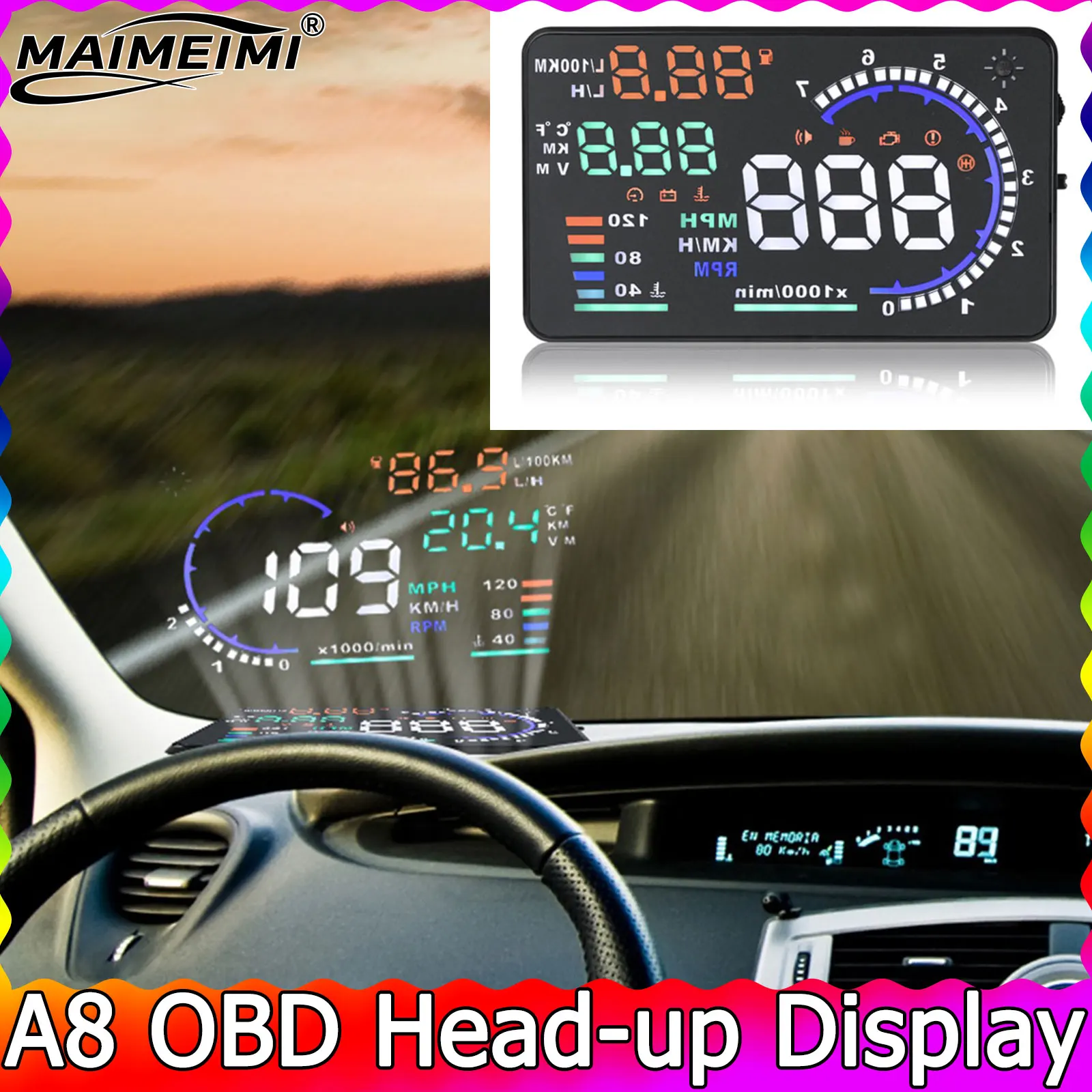 Windshield Projector Speedometer A8 OBD2 EOBD HUD Car Head Up Display LED Water Temp RPM Meter Speed Voltage Alarm