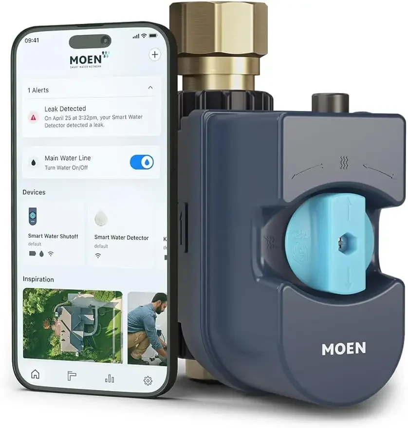 Moen Flo-Moniteur d'eau intelligent et capteur d'arrêt automatique, détecteur de fuite d'eau connecté Wi-Fi pour tuyau de 1 pouce de diamètre, 900-006