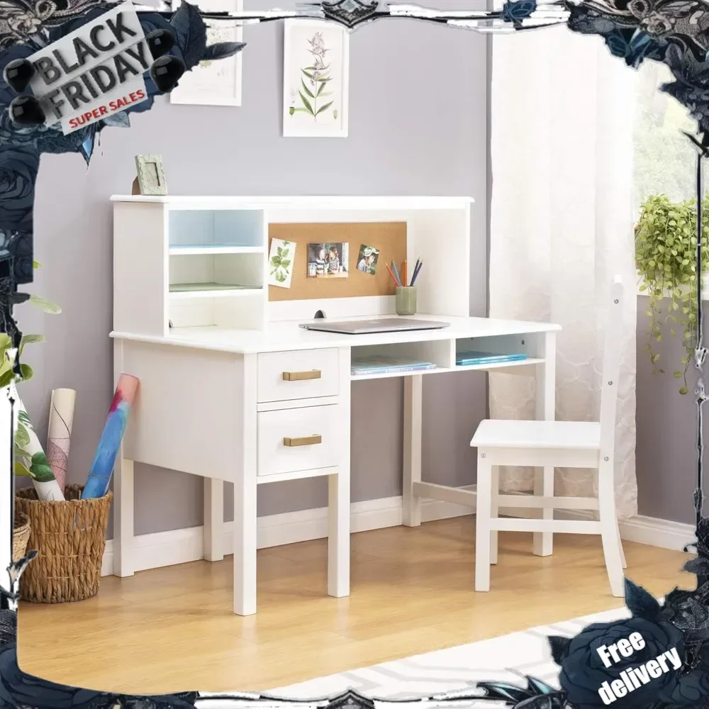 Desk, Hutch and Chair Set : Kids Computer Desk with Storage Drawers, Adjustable Shelves, Corkboard