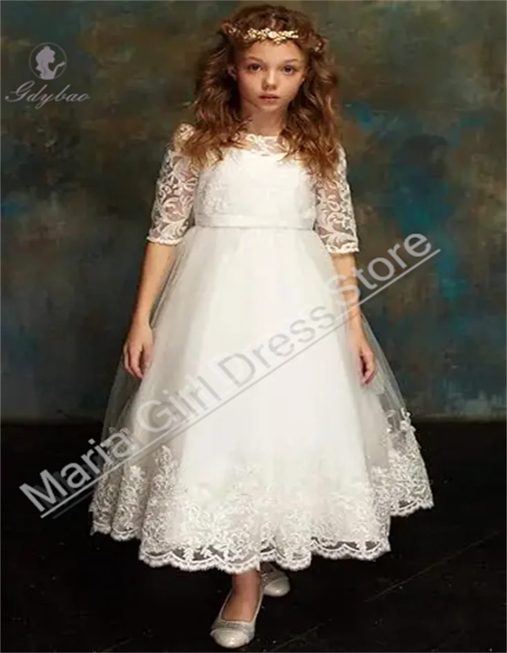 Ivory Lace Appliqué Flower Girl Dress With Fluffy Half-Sleeves Princess Design For Birthday Pageant Baptism Events