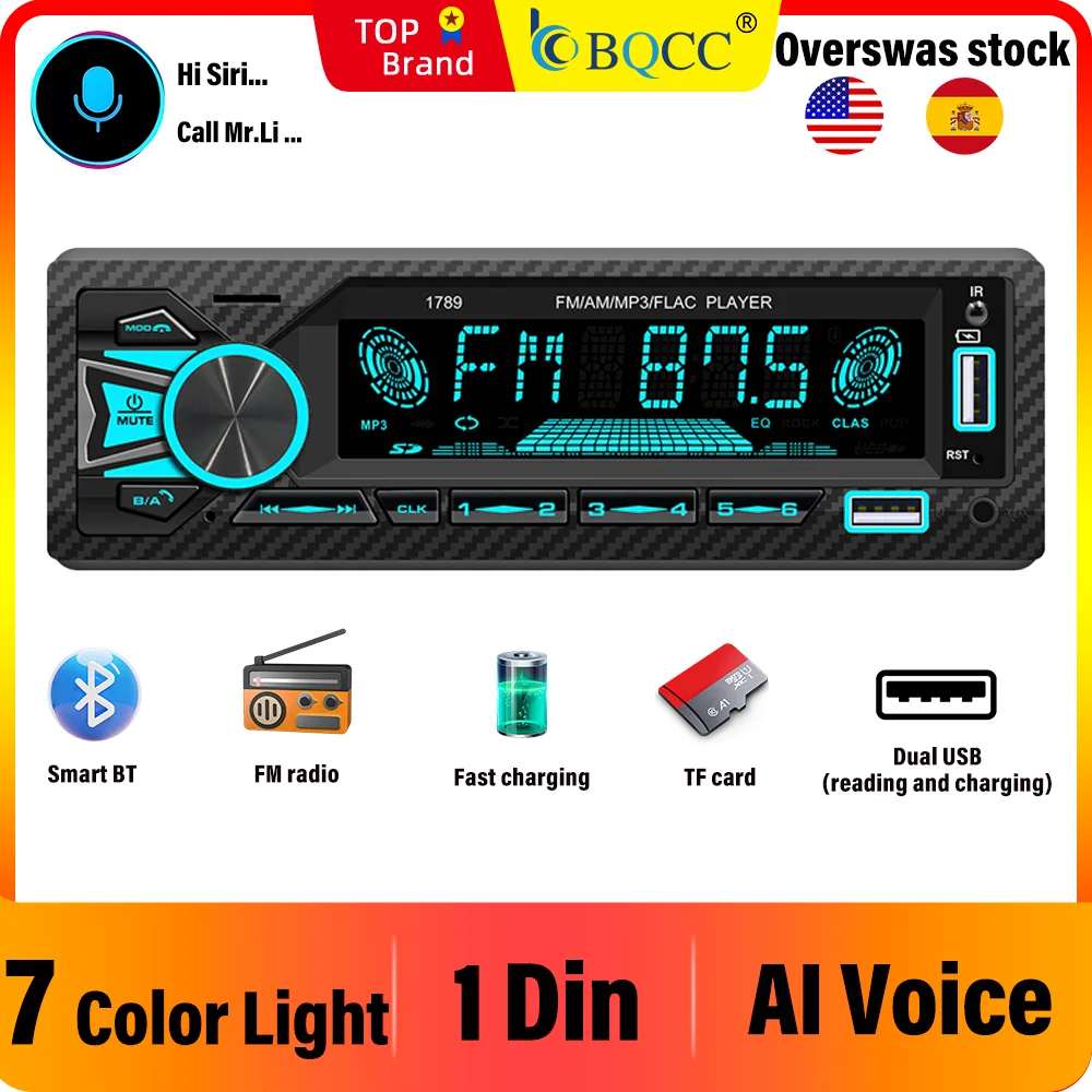 

BQCC 1 Din Car MP3 Player AI Voice Mobile App Control 7 Color Lights BT FM Dual USB Fast Charging Wiring protection Car Stereo