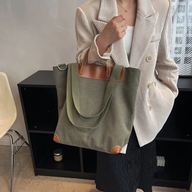 Wear-resistant canvas leather stitching hand tote bag large capacity color collision commuting shoulder diagonal span bag