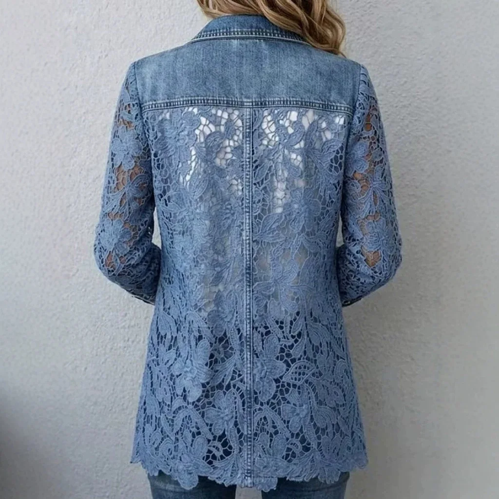 Autumn. And Winter False Denim Jacket, Single-button, Mid-length, Gentle And Elegant, Suitable For Work, With Patchwork And Holl