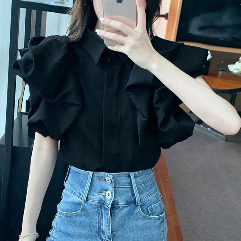 Korean Vintage Puff Sleeve Women Summer Chic Black Fashion Blouse Design Office Lady Tops Harajuku Casual White Tops