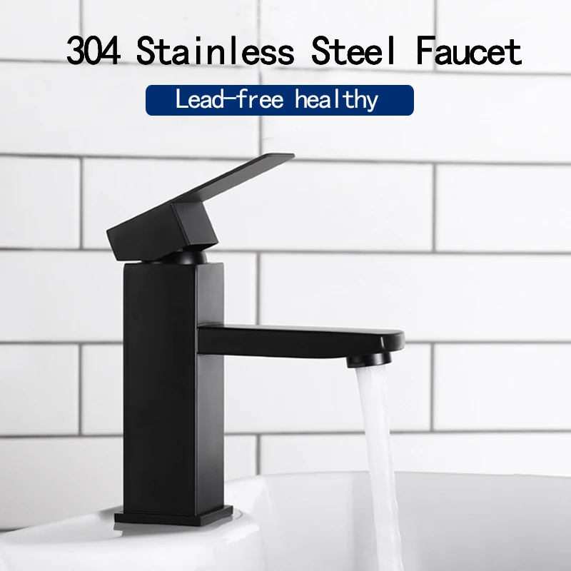 304 Stainless Steel Basin Sink Bathroom Faucet Matte Black Waterfall Faucet Hot and Cold Mixed Wash Pool Faucet Crane Deck insta