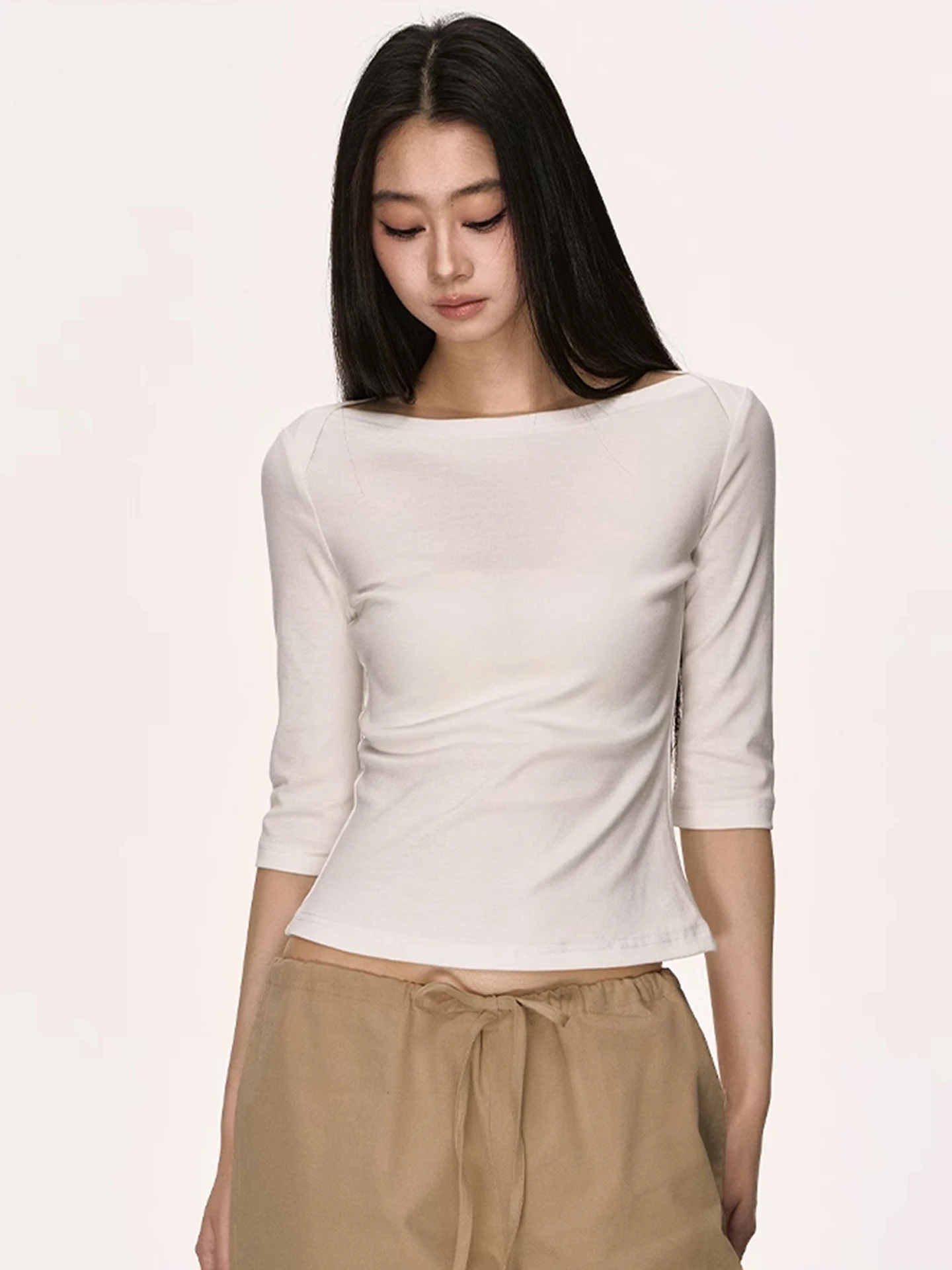 Slim Fit Sailor Kraag Tee Kwart Sve T irt Vrouwen Vroege Herfst 2025, Nieuwe Sle Five Sve Afslanken Trendy Top