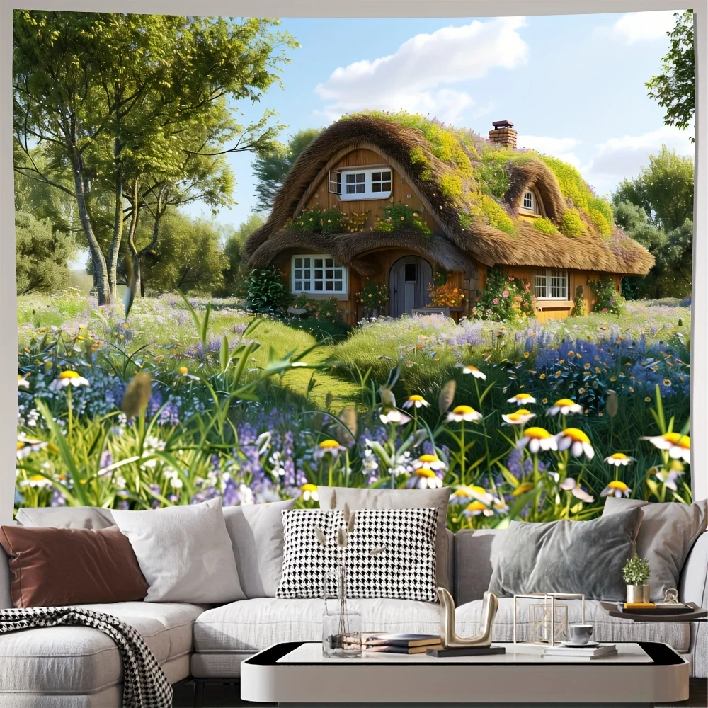 Romantic Cottagecore Fantasy Meadow Tapestry Bohemian Cottage Garden House Nature Wall Art for Living Room Decor