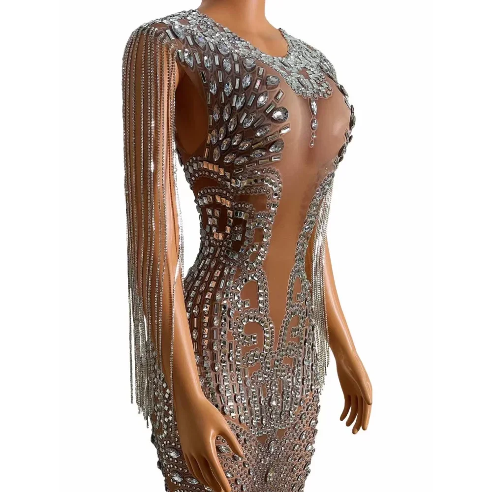 Crystal Sparkly Shining Rhinestones Tassel Brown Sleeveless Sexy Women Dress Pole Prom Dance Clothing Stage Singer Costume