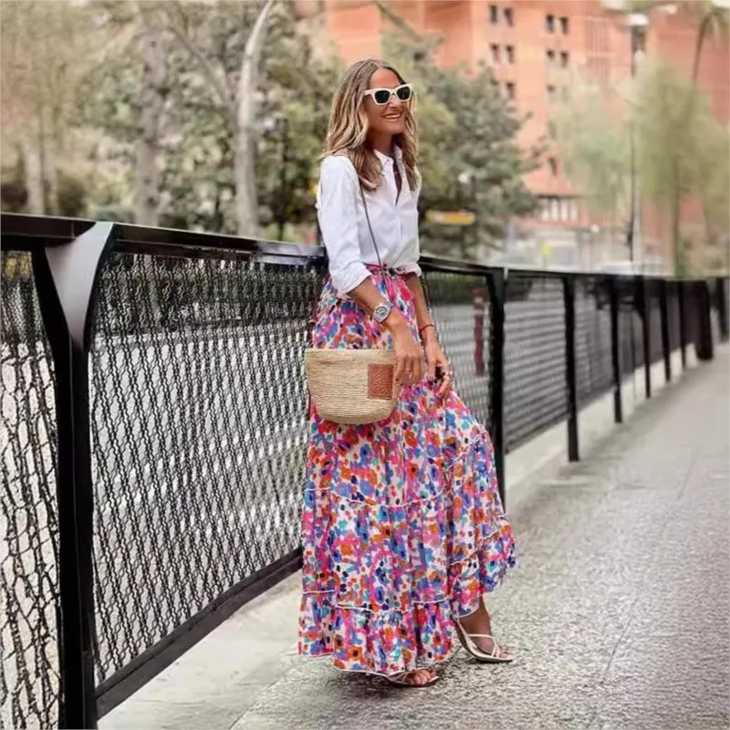 Elastic Waist Flowers Printed Long Women's A-line Skirt Summer High-end Temperament Commuting Elegant ladies Skirt