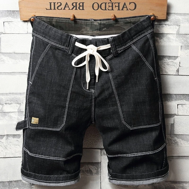 

Новые летние свободные джинсовые шорты-бриджи для мужчин: тонкие, черные, с эластичным поясом, из вельвета, повседневные, прямого кроя