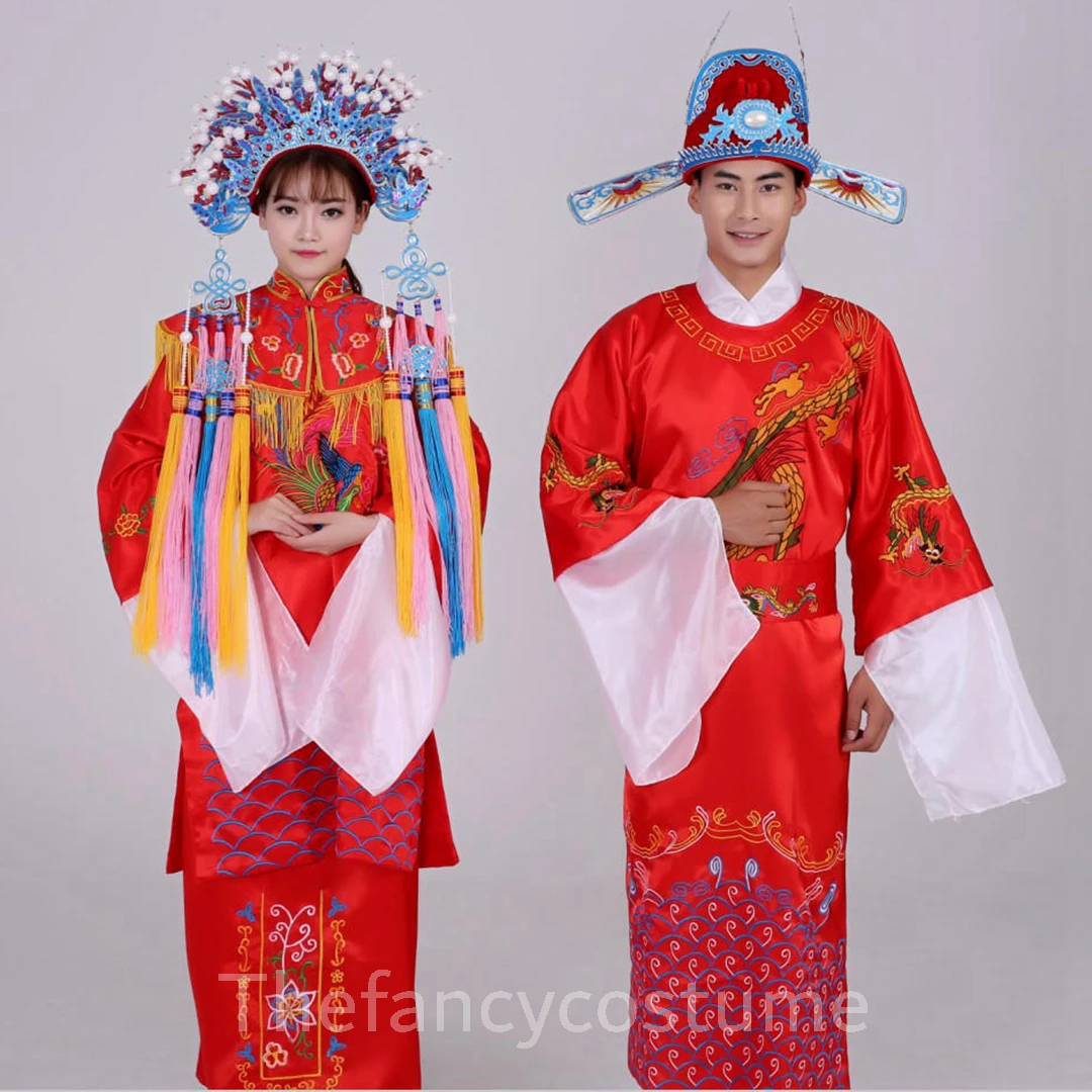

Китайский свадебный костюм жениха и невесты, костюм традиционной культуры, драматические представления, головной убор Феникса, шляпа, костюм для вечеринки