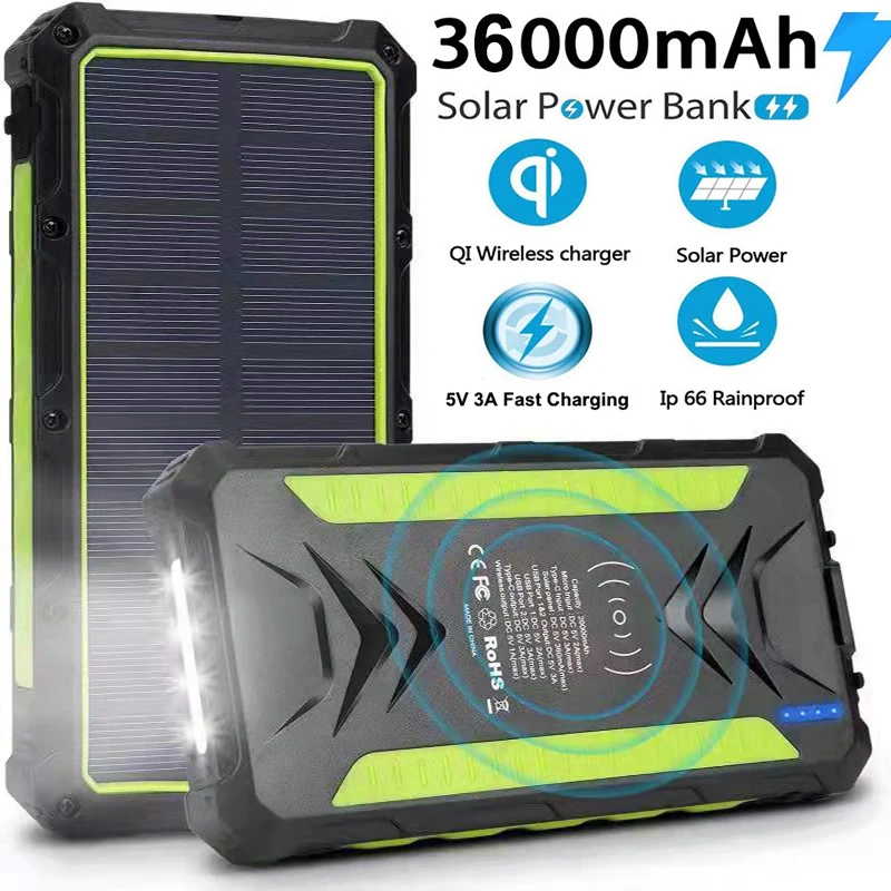 

Solar Power Bank 36000mAh with LED Light Qi Wireless Charger 3A Fast Charging Powerbank for iPhone 16 Samsung Xiaomi Poverbank